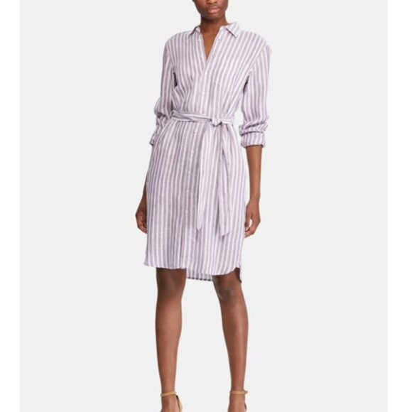 Lauren Ralph Lauren Dresses & Skirts - Lauren Ralph Lauren Linen Dress Lavender Striped Belted Pockets Women's Size M